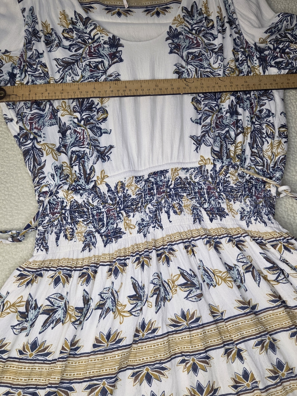 Free People White Floral Boho Smocked-Waist Dress Size M Medium With Waist Ties - Picture 6 of 9